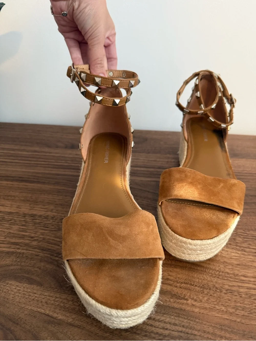 Marc Fisher Tan Suede Studded Ankle-Strap Espadrille Wedges